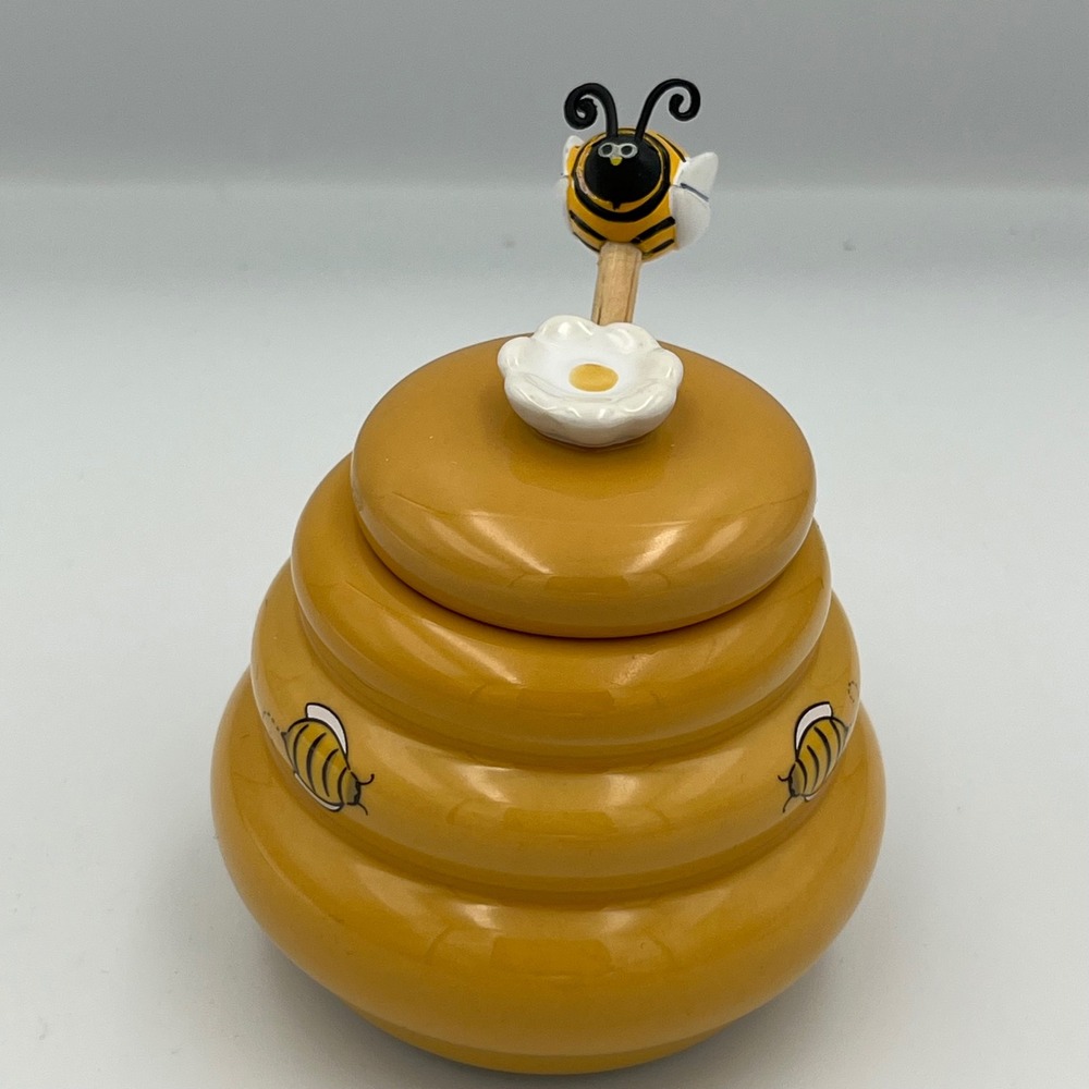 Honey Miel Cute Bee Hive Jar with Lid and Dipper Spoon Novelty Kitchen Decor - Picture 2 of 9
